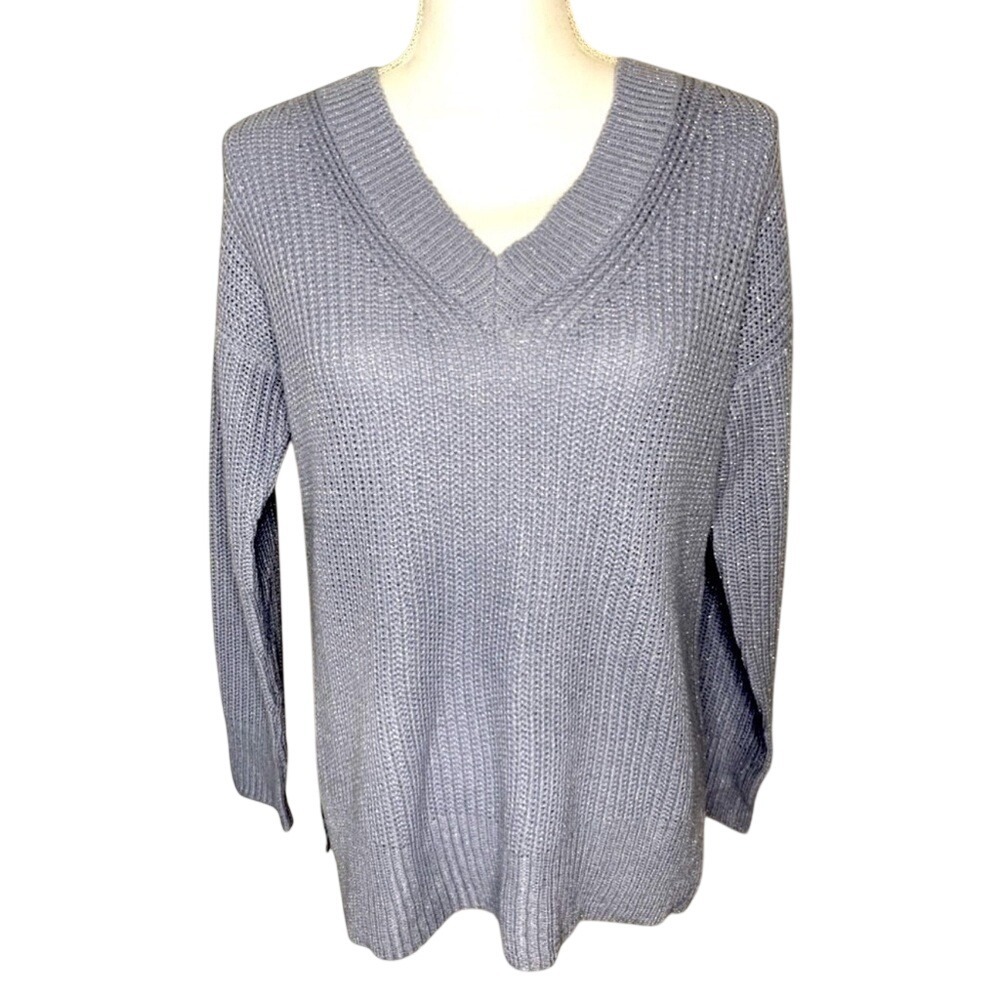 🎄🎄Moral Fiber Sweater Women VNeck Periwinkle Blue Metallic Ribbed Knit Small